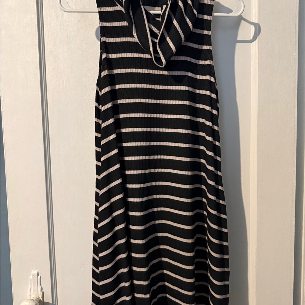Sleeveless Black and White Striped Dress with Hood